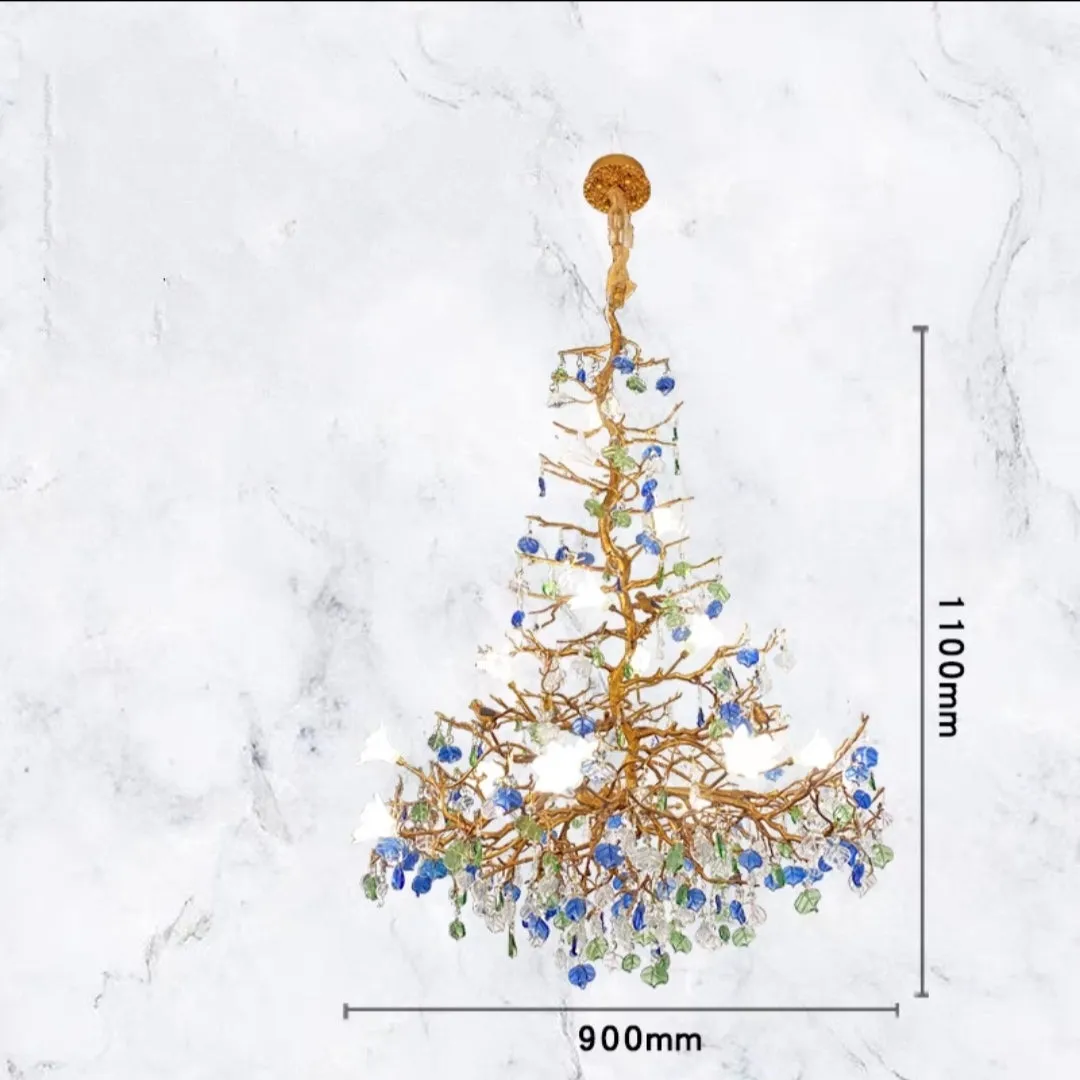 Stylish Colored Glaze Flower Crystal Chandelier Brass Tree Branch Ceiling Light For Living Room Hotel Hall