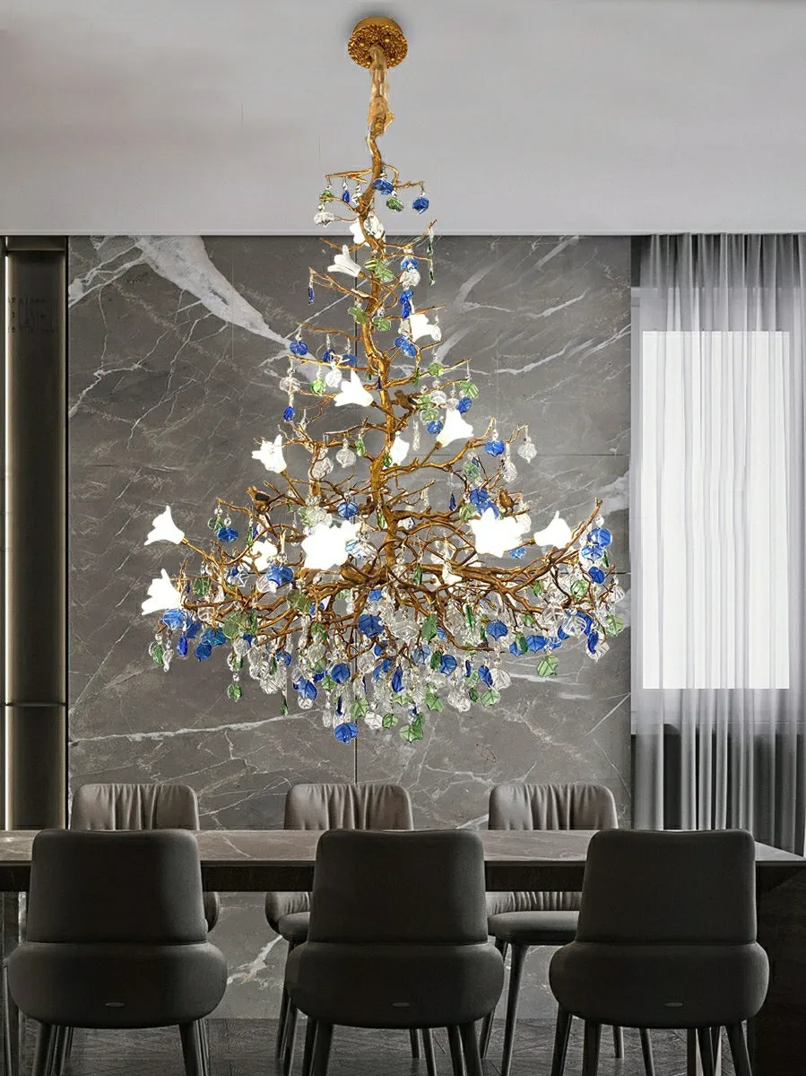 Stylish Colored Glaze Flower Crystal Chandelier Brass Tree Branch Ceiling Light For Living Room Hotel Hall