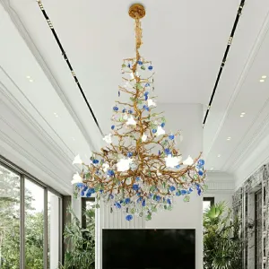 Stylish Colored Glaze Flower Crystal Chandelier Brass Tree Branch Ceiling Light For Living Room Hotel Hall