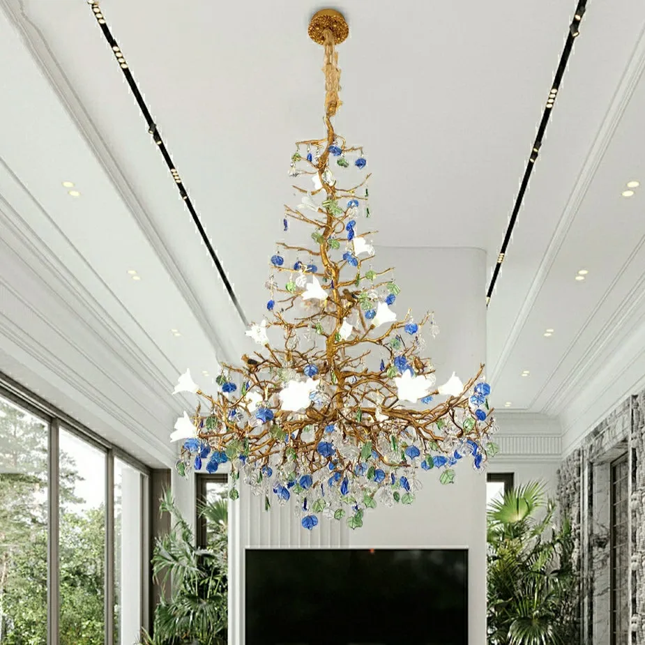 Stylish Colored Glaze Flower Crystal Chandelier Brass Tree Branch Ceiling Light For Living Room Hotel Hall