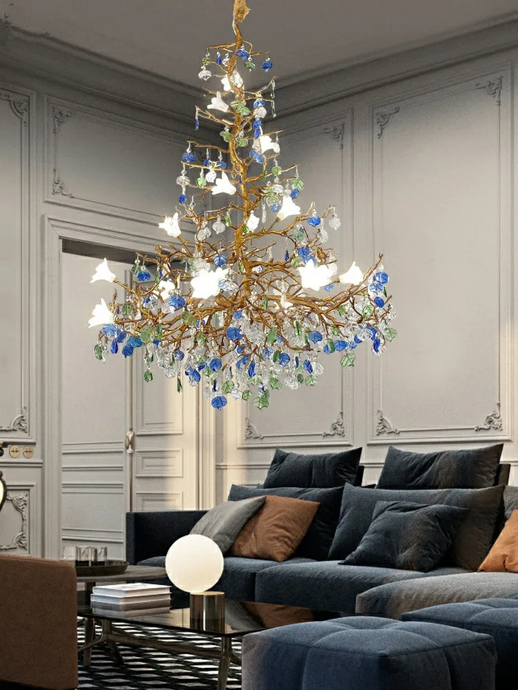 Stylish Colored Glaze Flower Crystal Chandelier Brass Tree Branch Ceiling Light For Living Room Hotel Hall