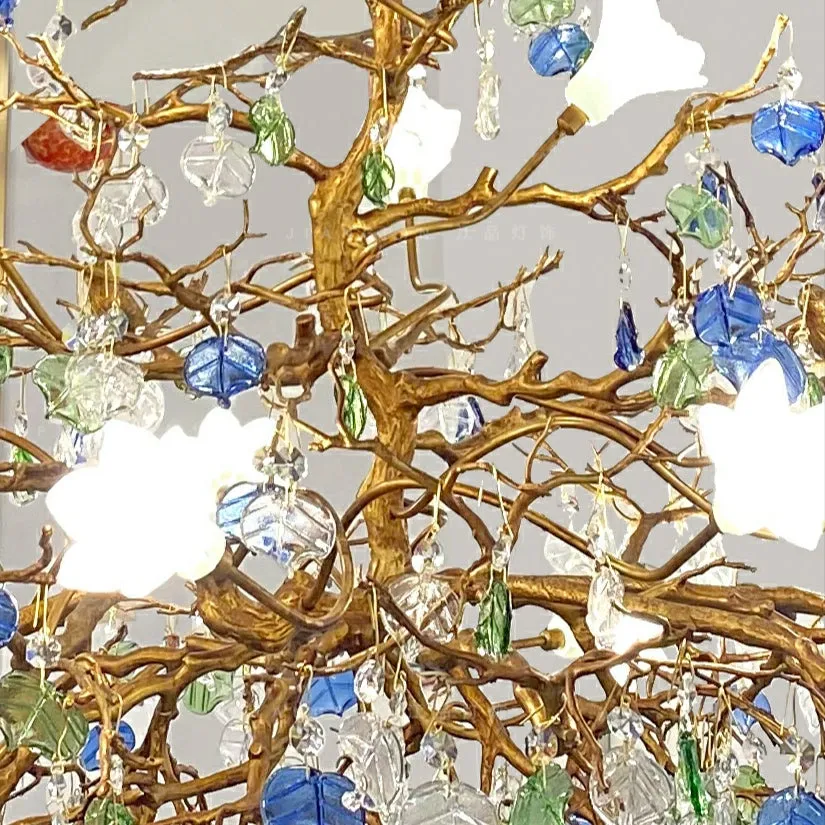Stylish Colored Glaze Flower Crystal Chandelier Brass Tree Branch Ceiling Light For Living Room Hotel Hall