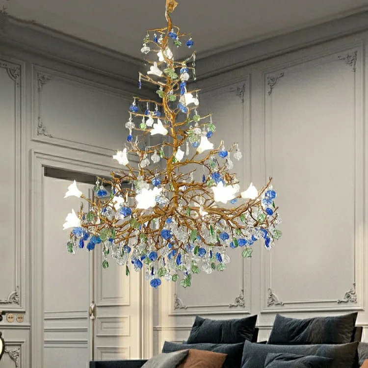 Stylish Colored Glaze Flower Crystal Chandelier Brass Tree Branch Ceiling Light For Living Room Hotel Hall