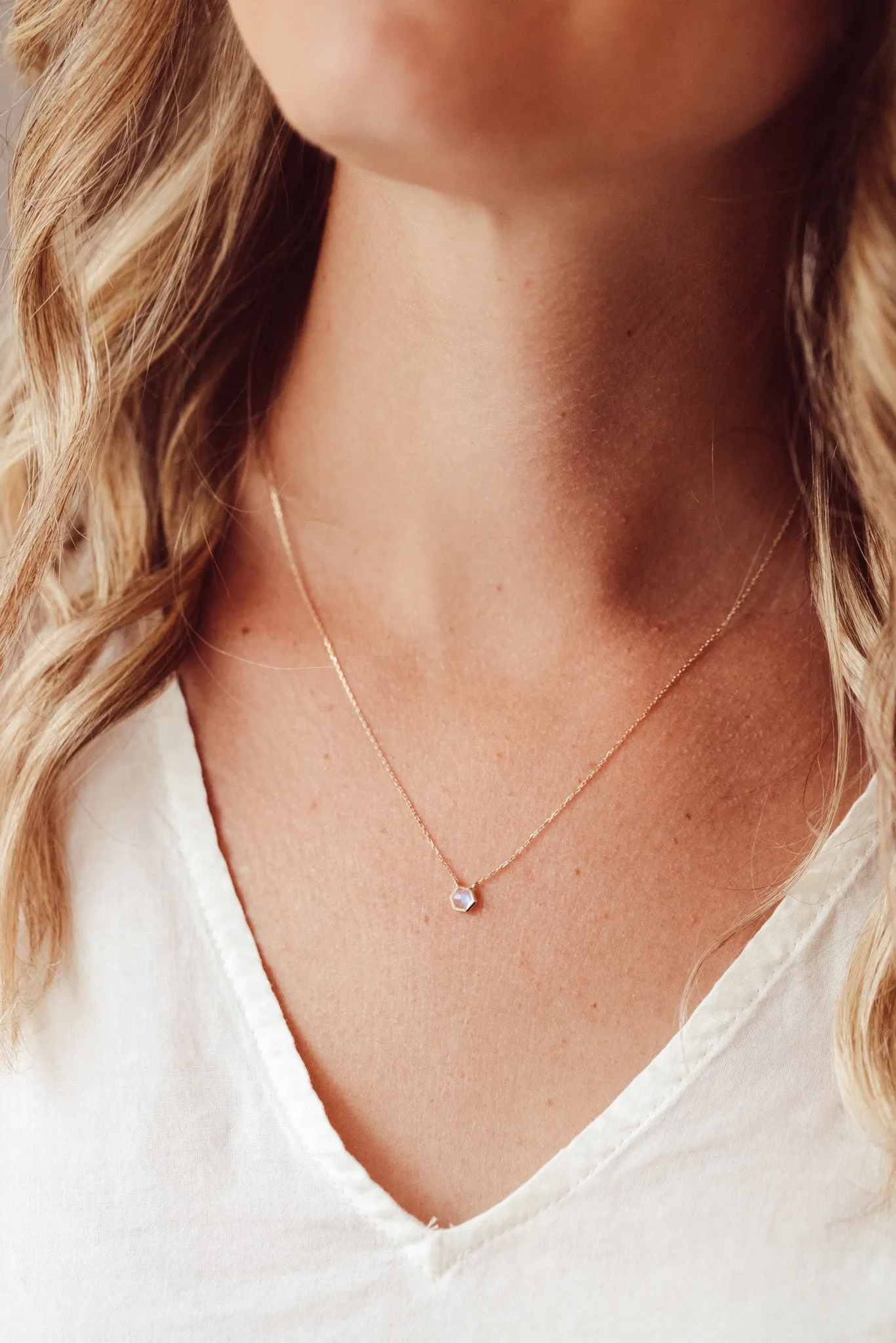 Tiny Hexagon Moonstone Necklace