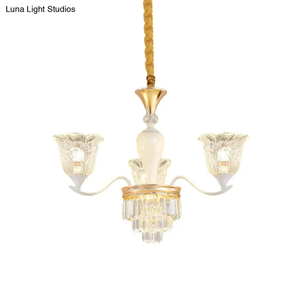Traditional Clear Crystal Glass Chandelier Lamp - Blossom Bedroom Pendant (3/6-Head) in Gold Suspension