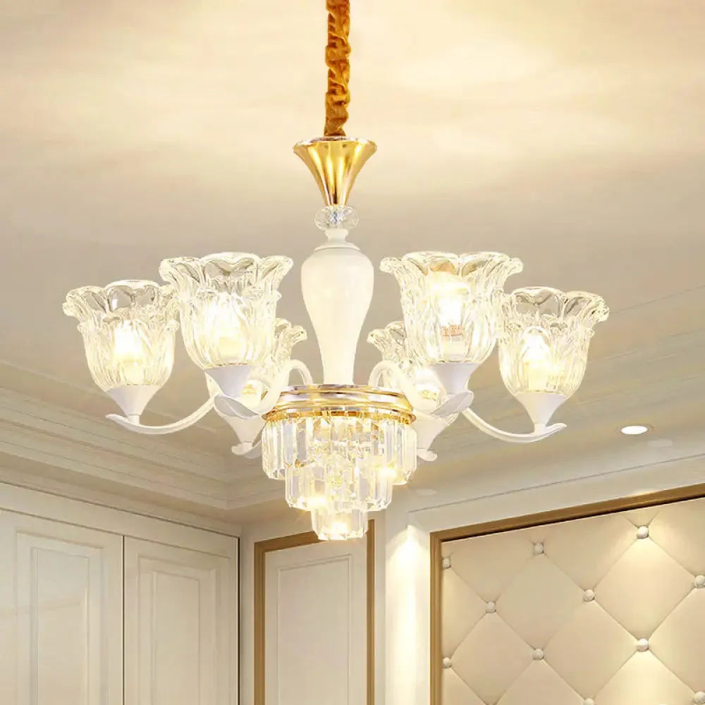Traditional Clear Crystal Glass Chandelier Lamp - Blossom Bedroom Pendant (3/6-Head) in Gold Suspension