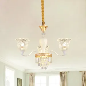 Traditional Clear Crystal Glass Chandelier Lamp - Blossom Bedroom Pendant (3/6-Head) in Gold Suspension