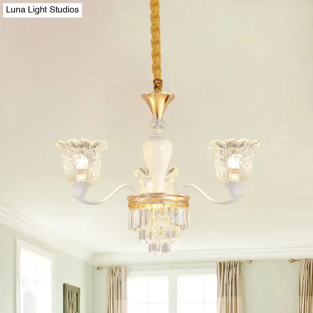 Traditional Clear Crystal Glass Chandelier Lamp - Blossom Bedroom Pendant (3/6-Head) in Gold Suspension