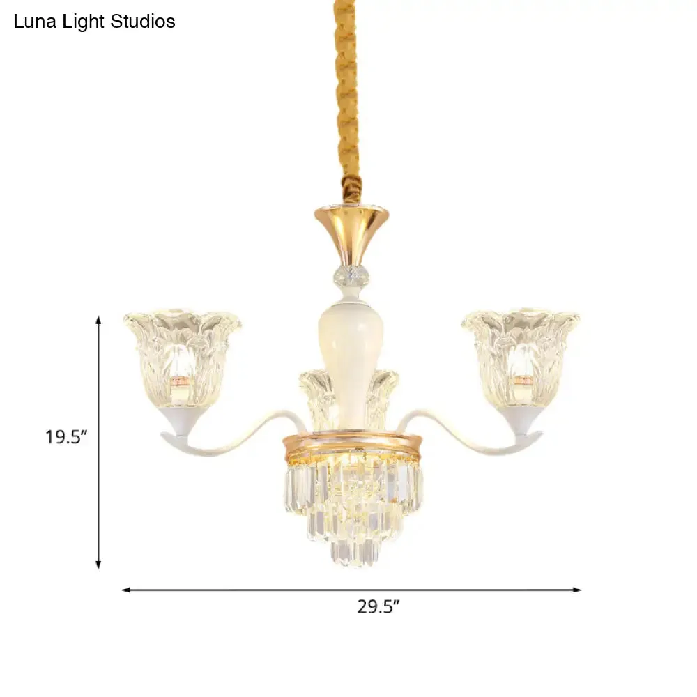 Traditional Clear Crystal Glass Chandelier Lamp - Blossom Bedroom Pendant (3/6-Head) in Gold Suspension