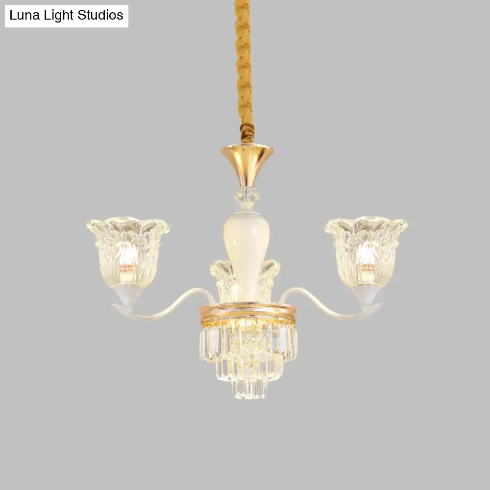 Traditional Clear Crystal Glass Chandelier Lamp - Blossom Bedroom Pendant (3/6-Head) in Gold Suspension