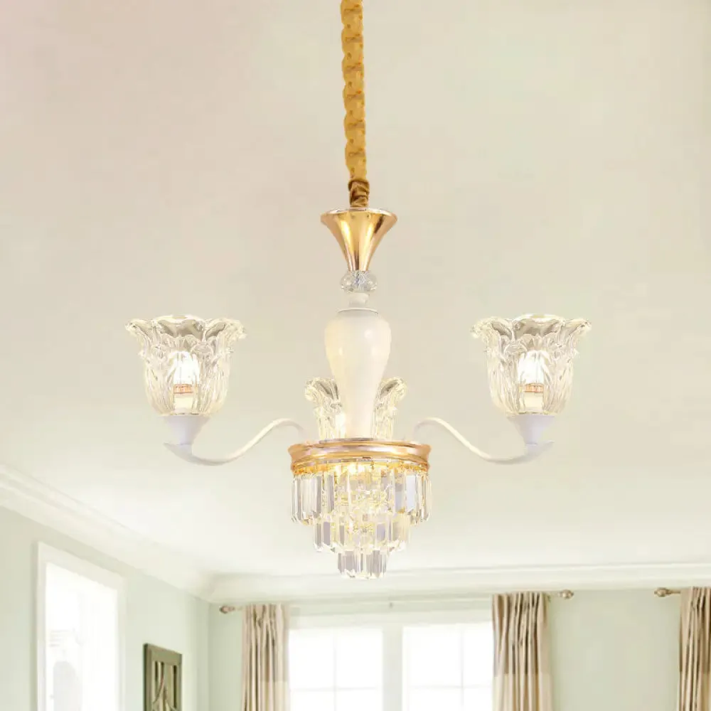 Traditional Clear Crystal Glass Chandelier Lamp - Blossom Bedroom Pendant (3/6-Head) in Gold Suspension