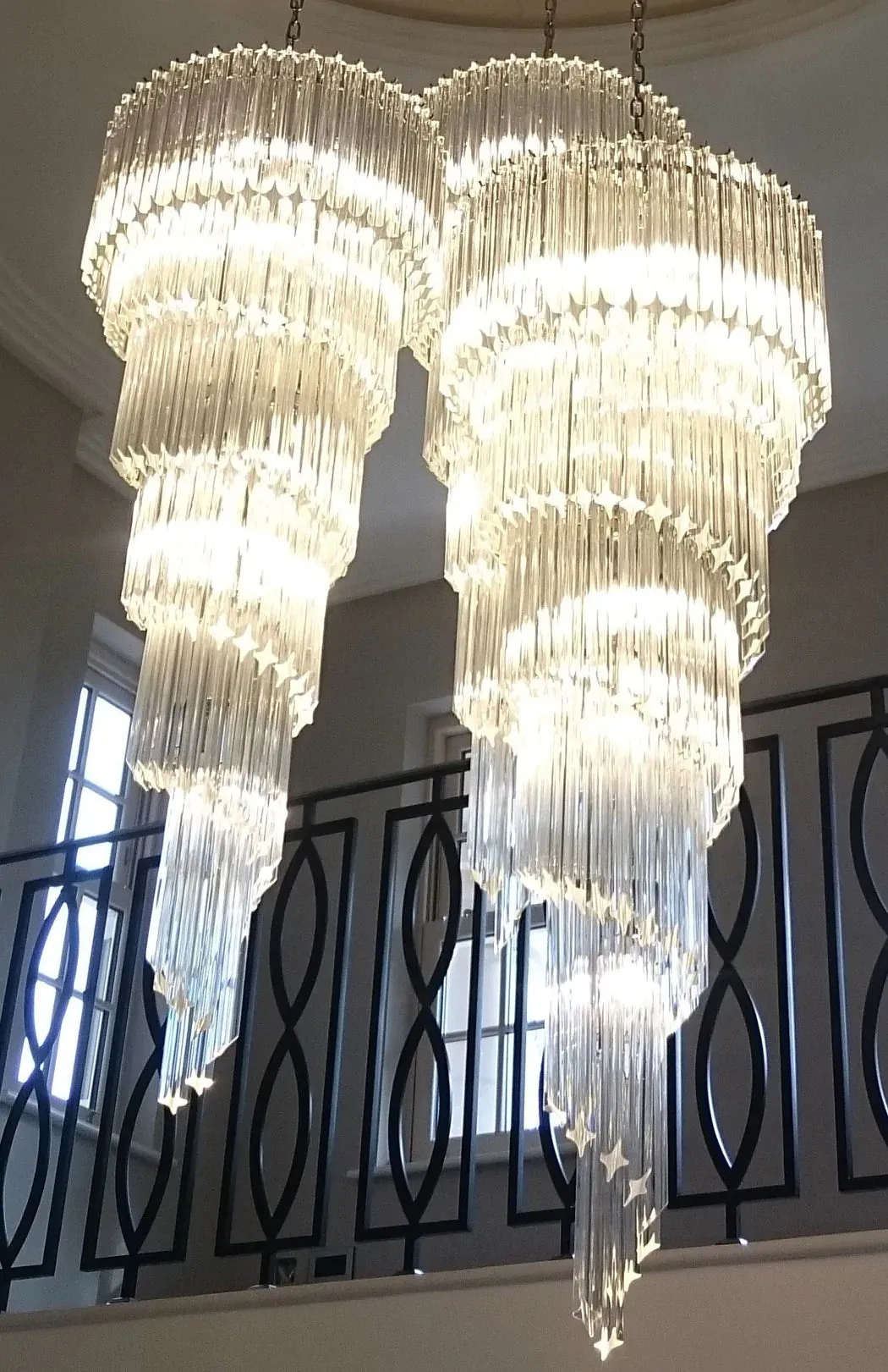 Trio Of Quadriedri Glass Prism Stairwell Spiral Chandeliers & More Bespoke Size Options