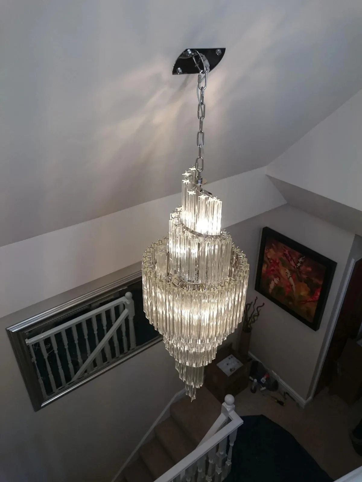 Trio Of Quadriedri Glass Prism Stairwell Spiral Chandeliers & More Bespoke Size Options