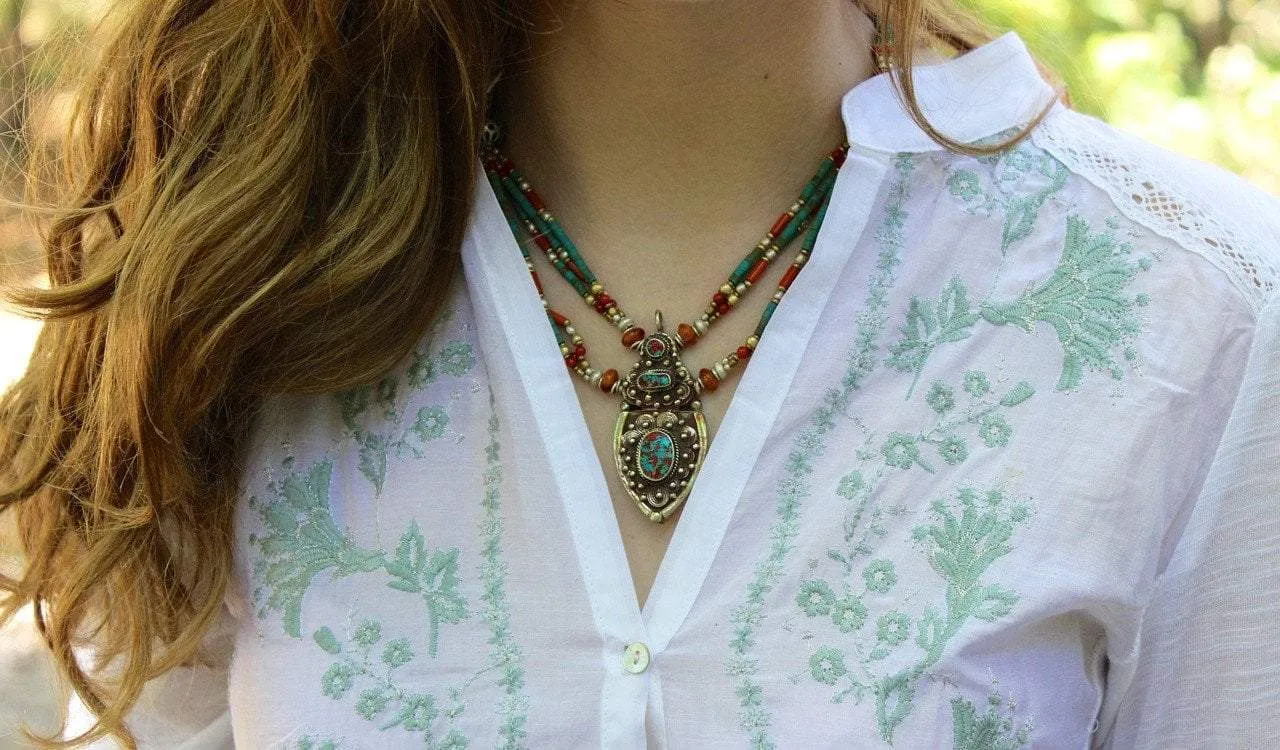 Turquoise and Coral Tibetan Karma Dolma Necklace