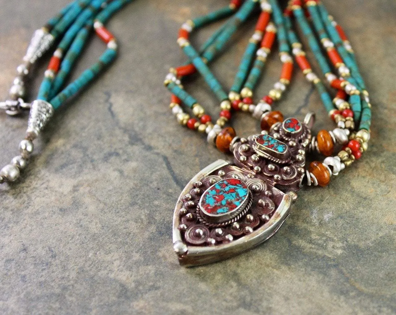 Turquoise and Coral Tibetan Karma Dolma Necklace