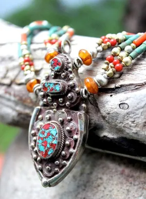 Turquoise and Coral Tibetan Karma Dolma Necklace