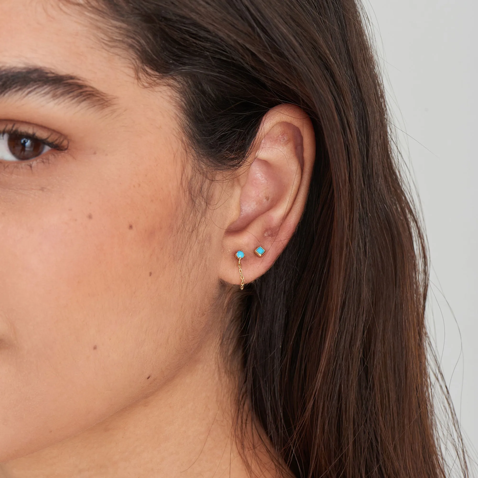 Turquoise Chain Drop Gold Stud Earrings