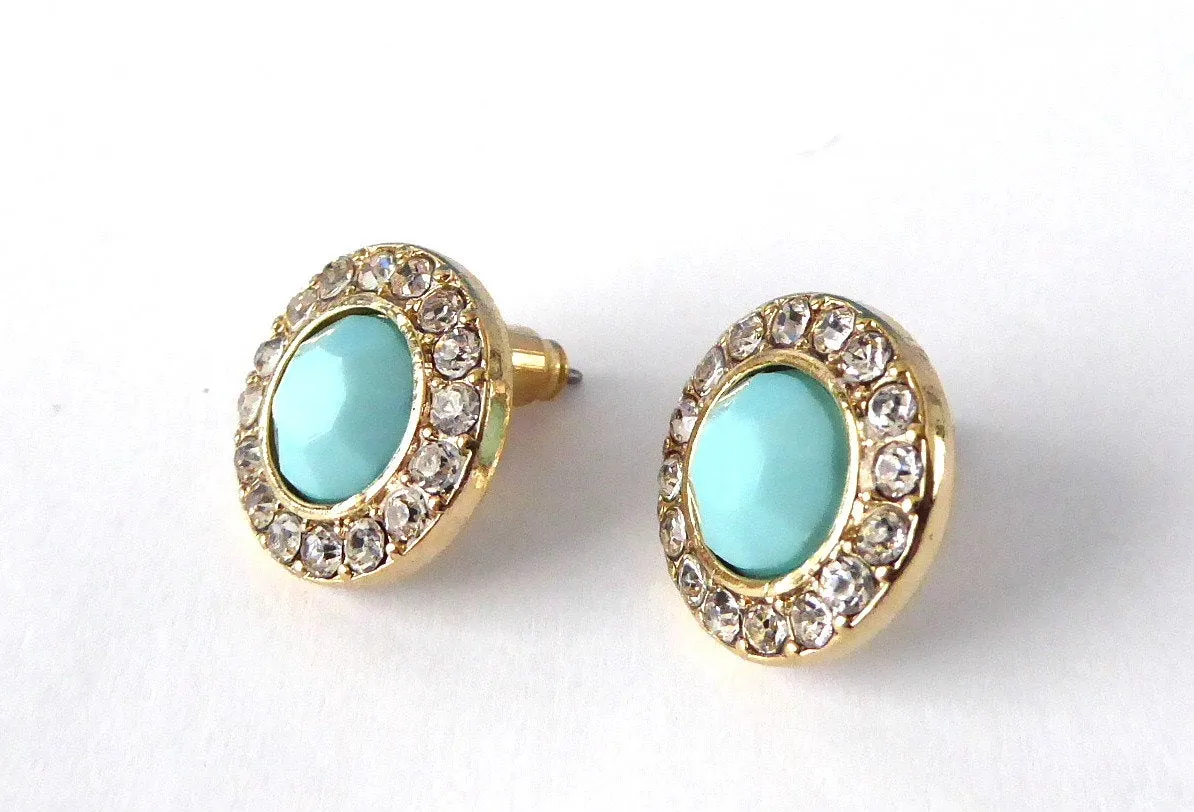 Turquoise Color Rhinestone Halo Earrings 1990s Round Rhinestones Posts