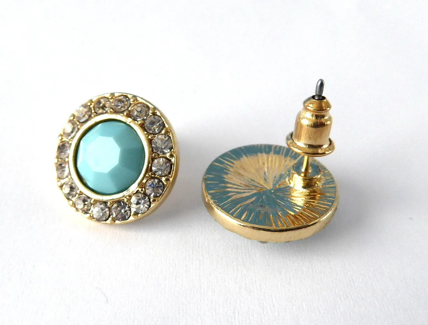 Turquoise Color Rhinestone Halo Earrings 1990s Round Rhinestones Posts