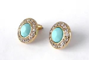 Turquoise Color Rhinestone Halo Earrings 1990s Round Rhinestones Posts