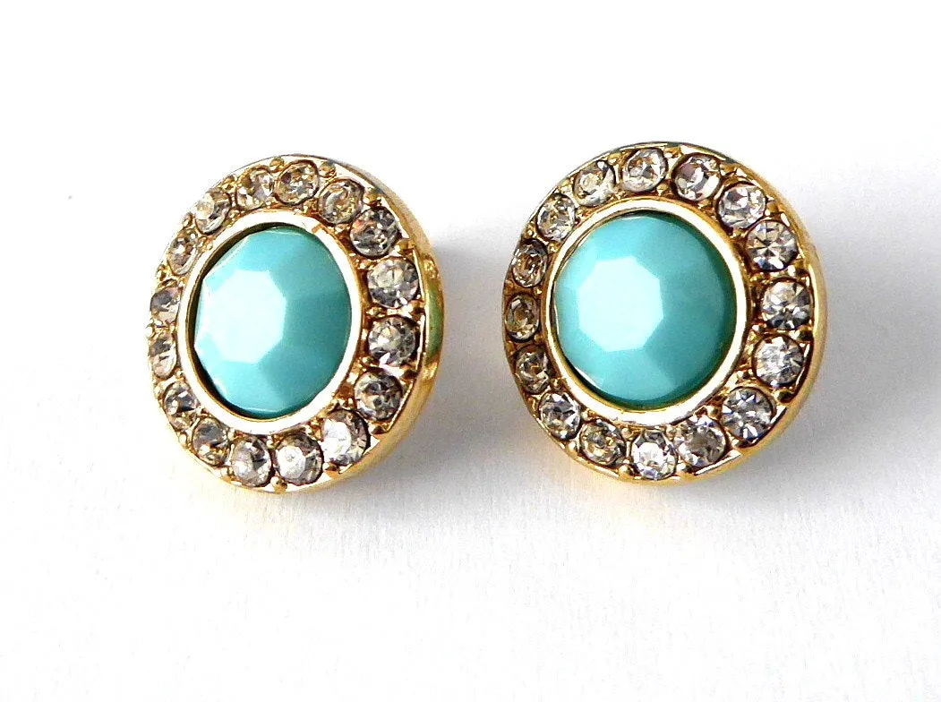 Turquoise Color Rhinestone Halo Earrings 1990s Round Rhinestones Posts