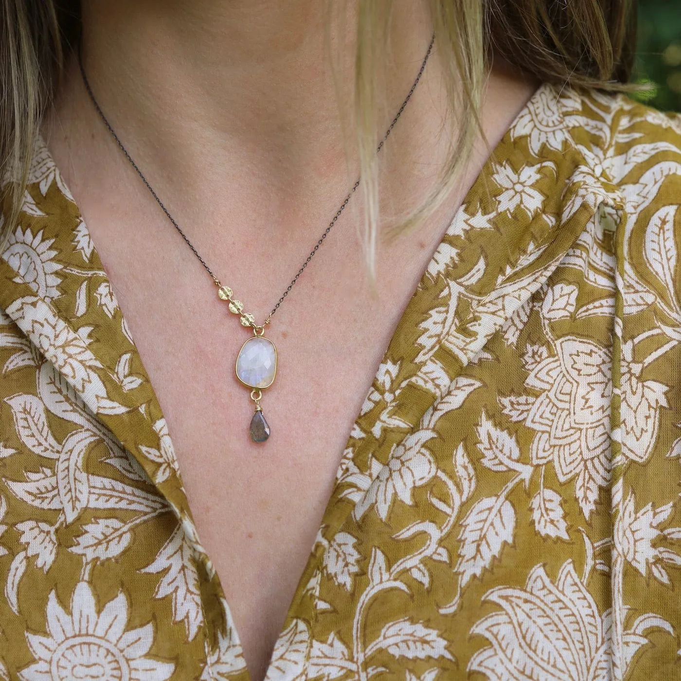 Two Tone Moonstone Slice Pendant Necklace