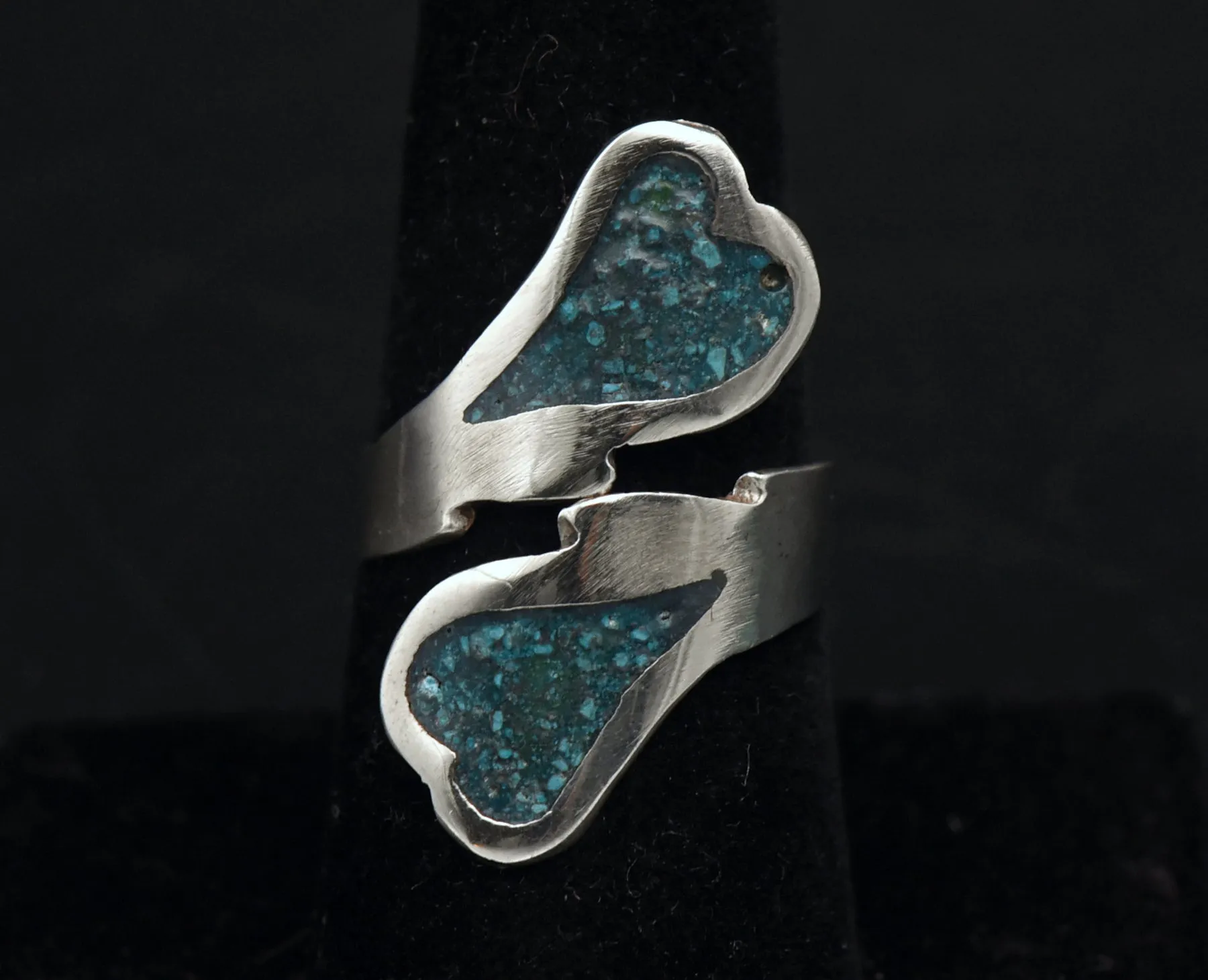 Vintage Handmade Sterling Silver Crushed Stone Bypass Ring - Size 7.5 