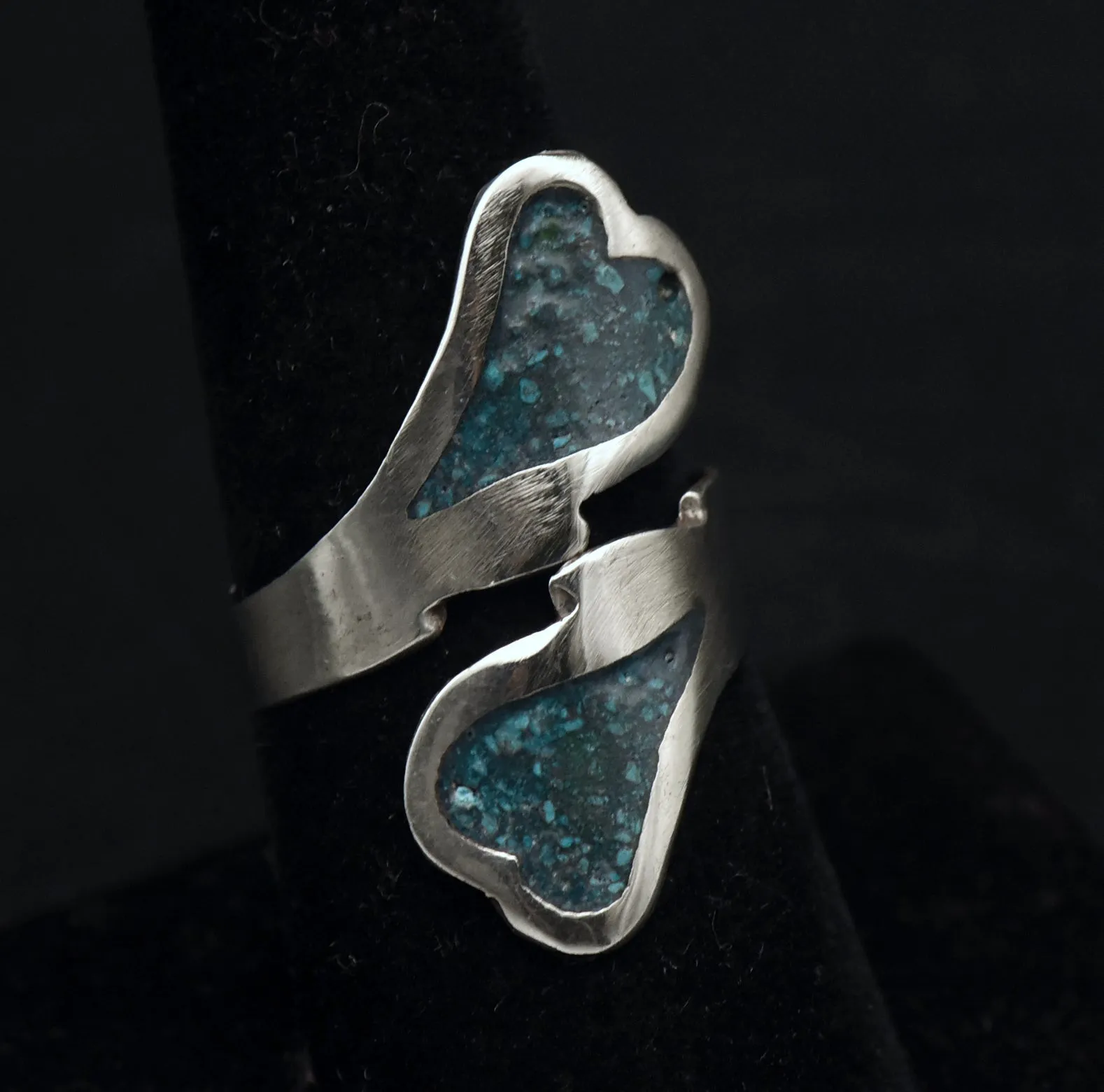 Vintage Handmade Sterling Silver Crushed Stone Bypass Ring - Size 7.5 