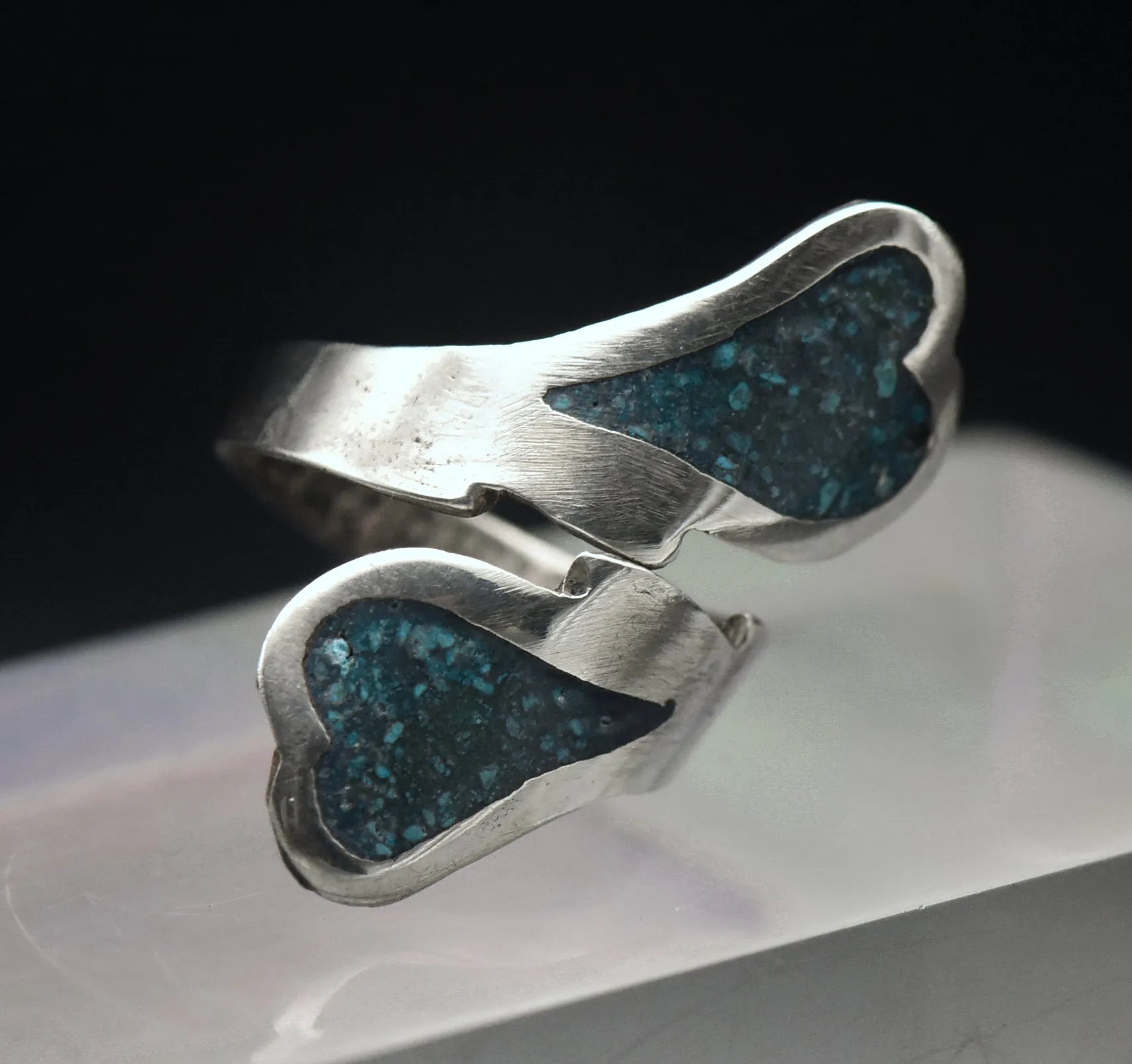 Vintage Handmade Sterling Silver Crushed Stone Bypass Ring - Size 7.5 