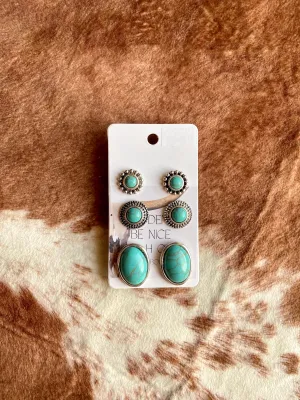 Western Stone Stud Earrings- 3PC Set