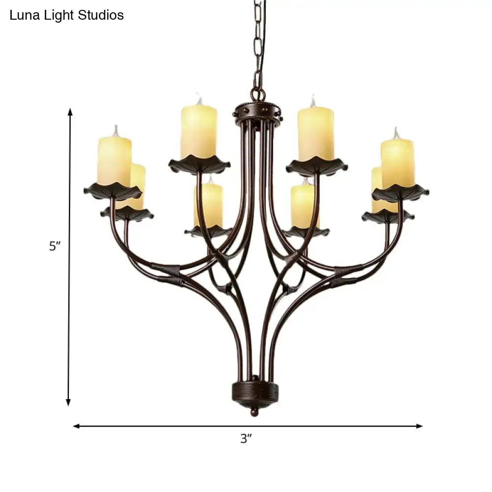 Yellow Glass Hanging Chandelier - Country Bronze Candle Design for Living Room - 8 Lights Pendant Light Fixture