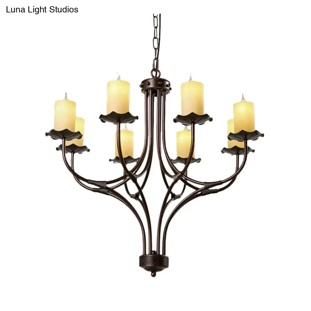 Yellow Glass Hanging Chandelier - Country Bronze Candle Design for Living Room - 8 Lights Pendant Light Fixture