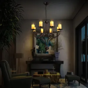 Yellow Glass Hanging Chandelier - Country Bronze Candle Design for Living Room - 8 Lights Pendant Light Fixture