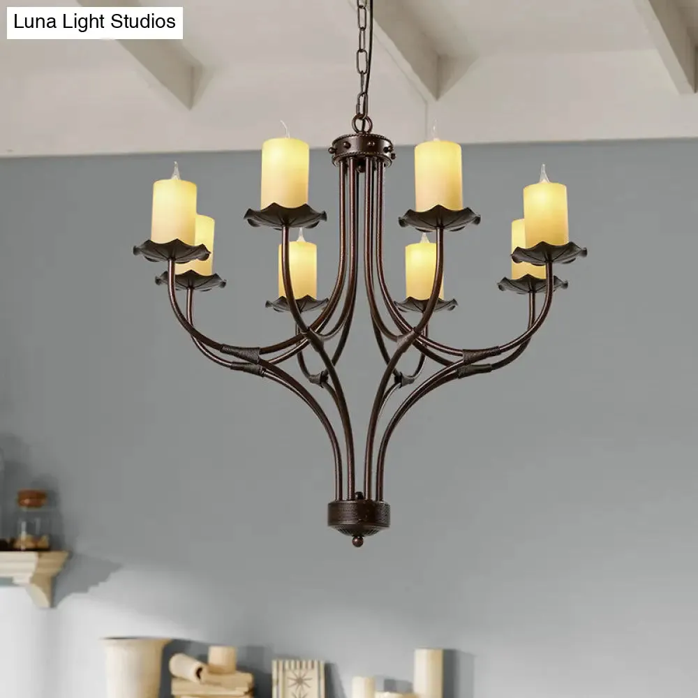Yellow Glass Hanging Chandelier - Country Bronze Candle Design for Living Room - 8 Lights Pendant Light Fixture